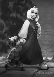  1girl 1other 2025 2d ambiguous_gender animal_ears ankle_boots anthro artist_name barefoot boots brick_wall child commentary delta_rune_(symbol) delta_rune_print digital_media double_horizontal_stripe droopy_ears english_commentary fangs female floppy_ears frisk_(undertale) full_body furry furry_female goat goat_ears goat_girl goat_horns greyscale hand_on_own_chest height_difference holding_hands horizontal-striped_clothes horns human in-universe_location inktober long_sleeves mammal mewpet monochrome monster monster_girl robe short_hair shorts striped_clothes striped_sweater sweater toriel two-tone_sweater undertale utdr_(toby_fox) walking wall 