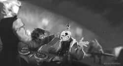  1other 2025 2boys 2d ambiguous_gender artist_name bartender black_vest bottle child commentary counter digital_media double_horizontal_stripe elemental_(creature) english_commentary fire_elemental flaming_head food fork frisk_(undertale) glasses greyscale grillby hollow_eyes hood hood_down hooded_jacket horizontal-striped_clothes human humanoid indoors inktober jacket knife male mewpet monochrome monster monster_boy multiple_boys object_on_head one_eye_closed open_clothes open_jacket pants plate pointing pointing_at_object restaurant sans_(undertale) shirt short_hair skeleton sparkle striped_clothes striped_sweater sweater teeth trio two-tone_sweater undead undertale uniform utdr_(toby_fox) vest white_shirt zipper 