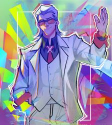  1boy backlighting black_shirt collared_shirt cowboy_shot drop_shadow facing_viewer glitch_art hair_slicked_back halftone hand_in_pocket hand_up highres jacket male_focus mullet necktie orange-tinted_eyewear outline red_necktie saturated shirma_draws shirt smirk solo tinted_eyewear to_be_hero to_be_hero_x vest waving white_hair white_jacket white_outline white_vest x_(symbol) x_(to_be_hero_x) 
