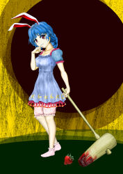  1girl animal_ears bloomers blue_dress blue_hair blush_stickers breasts covering_own_mouth crescent dress food fruit hand_over_own_mouth kams kine large_breasts looking_at_viewer mallet pink_socks rabbit_ears red_eyes seiran_(touhou) short_hair socks star_(symbol) strawberry touhou 