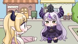  2girls :d animal animal_on_head bird black_boots black_dress blonde_hair blush_stickers boots braid braided_bangs brown_eyes building chibi crow_(la+_darknesss) day demon_horns dress fang green_eyes grey_hair highres hololive horns jacket la+_darknesss la+_darknesss_(1st_costume) long_hair long_sleeves mochimiko multicolored_hair multiple_girls on_head open_clothes open_jacket outdoors pink_jacket pointy_ears profile purple_hair purple_thighhighs shirt single_thighhigh sleeves_past_fingers sleeves_past_wrists smile streaked_hair thigh-highs thighhighs_under_boots very_long_hair virtual_youtuber white_shirt yuzuki_choco 