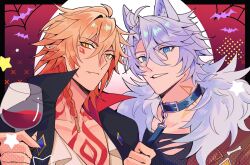  2boys alternate_costume animal_ears antenna_hair black_coat black_collar black_shirt blonde_hair blue_eyes braid chest_tattoo coat collar commentary cup dadadabibadum english_commentary facial_tattoo fang fur-trimmed_jacket fur_trim gradient_hair halloween_costume highres holding holding_cup honkai:_star_rail honkai_(series) jacket male_focus medium_hair multicolored_hair multiple_boys mydei_(honkai:_star_rail) neck_tattoo open_clothes open_coat parted_bangs phainon_(honkai:_star_rail) red_hair red_jacket red_tattoo shirt short_hair side_braid sun_symbol sun_tattoo tattoo torn_clothes torn_shirt white_hair white_shirt wolf_boy wolf_ears yellow_eyes 