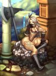  1girl amazon_(dragon&#039;s_crown) axe blue_eyes boned_meat boots breasts cleavage dragon&#039;s_crown feathers food gloves hair_feathers katagiri_(a1466502) long_hair meat silver_hair sitting solo tattoo thick_thighs thighs weapon 