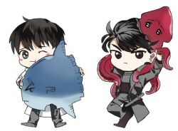  2boys ;t animal animal_on_back bite_mark black_coat black_eyes black_hair black_shirt blush chibi chibi_only coat curtained_hair fish frown gryregeneration holding holding_animal kim_dokja looking_at_viewer male_focus multiple_boys ocean_sunfish omniscient_reader&#039;s_viewpoint one_eye_closed open_clothes open_coat popped_collar screentones shirt short_hair squid walking white_coat yoo_joonghyuk 