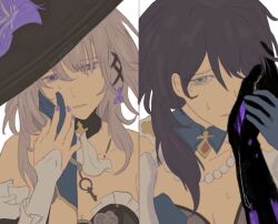  2girls artist_name ascot bare_shoulders black_choker black_dress black_gloves black_hair black_hat blue_dress blue_eyes blue_gloves bow breasts choker collarbone crying crying_with_eyes_open detached_collar dress elbow_gloves eyes_visible_through_hair fingernails flower frills gloves grey_hair hair_between_eyes hair_bow hair_ornament half-closed_eyes hand_on_another&#039;s_face hand_up hat hat_flower hat_ornament herta_(honkai:_star_rail) honkai:_star_rail honkai_(series) jewelry key key_necklace korshokor long_hair looking_at_another low_ponytail medium_breasts multiple_girls multiple_views nail_polish necklace pearl_necklace ponytail purple_bow purple_flower purple_nails ruan_mei_(honkai:_star_rail) sad simple_background sleeveless sleeveless_dress strapless strapless_dress tears teeth the_herta_(honkai:_star_rail) upper_body violet_eyes white_ascot white_background witch_hat x_hair_ornament yuri 