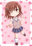  1girl \m/ brown_eyes brown_hair chibi hair_ornament heart highres kazenokaze misaka_mikoto school_uniform short_hair skirt solo sweater_vest to_aru_kagaku_no_railgun to_aru_majutsu_no_index wink 