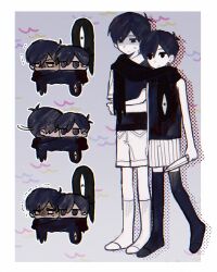  2boys alternate_color antenna_hair black_eyes black_hair black_scarf black_sweater_vest black_tank_top black_thighhighs closed_mouth collared_shirt colored_skin double-parted_bangs dual_persona hair_between_eyes male_focus multiple_boys no_shoes omori omori_(omori) rou_(h_s_sinrin) scarf shared_clothes shared_scarf shirt short_hair short_sleeves shorts socks something_(omori) striped_clothes striped_shorts sunny_(omori) sweatdrop sweater_vest tank_top thigh-highs trembling vertical-striped_clothes vertical-striped_shorts white_shirt white_shorts white_skin white_socks 