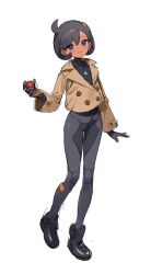  1girl absurdres black_bodysuit black_hair blush bodysuit bodysuit_under_clothes breasts brown_jacket closed_mouth dark-skinned_female dark_skin emma_(pokemon) fang full_body gloves hair_ornament highres holding holding_poke_ball jacket latex latex_bodysuit looking_at_viewer mega_stone orange_gloves poke_ball poke_ball_(basic) pokemon pokemon_legends:_z-a shisantian short_hair simple_background skin_fang smile solo two-tone_gloves violet_eyes white_background 