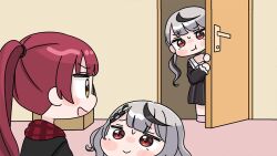  3girls :d :t black_dress black_hair black_jacket braid braided_bangs brown_eyes chibi closed_mouth commentary_request dress grey_hair hair_ornament hands_up hololive hood hood_down hooded_jacket houshou_marine houshou_marine_(summer) indoors jacket long_hair long_sleeves mochimiko multicolored_hair multiple_girls open_door peeking_out pleated_dress ponytail pout puffy_long_sleeves puffy_sleeves red_eyes red_hair sakamata_chloe siblings sisters smile streaked_hair twintails very_long_hair virtual_youtuber x_hair_ornament 