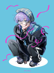  1boy alternate_costume attsei bespectacled black_jacket black_nails black_pants blue_background blue_hair blue_hat blue_shirt bracelet checkered_hat commentary_request confetti frown glasses grey_eyes hat head_rest highres hoshirube_sho jacket jewelry long_sleeves looking_at_viewer male_focus medium_hair multicolored_hair multiple_bracelets nail_polish newsboy_cap nijisanji pants purple_hair rectangular_eyewear shadow shirt shoes sneakers solo squatting streaked_hair twitter_username virtual_youtuber 