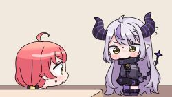  2girls ahoge black_boots black_bow black_dress boots bow braid braided_bangs brown_eyes chibi demon_horns dress flying_sweatdrops green_eyes grey_hair hair_bow hololive horns indoors la+_darknesss la+_darknesss_(1st_costume) long_hair long_sleeves mochimiko multicolored_hair multiple_girls pink_hair pointy_ears purple_hair purple_thighhighs sakura_miko single_thighhigh sleeves_past_fingers sleeves_past_wrists standing streaked_hair thigh-highs thighhighs_under_boots very_long_hair virtual_youtuber yurie_mouth 