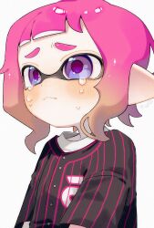  1girl black_shirt blush closed_mouth crying frown furrowed_brow highres inkling inkling_girl inkling_player_character looking_ahead medium_hair pink_hair pointy_ears sabata_saba shirt simple_background solo splatoon_(series) splatoon_3 tears tentacle_hair violet_eyes white_background 