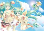  3girls alraune_(p&amp;d) aqua_eyes aqua_hair boots clouds dress flower hoshino leaf long_hair looking_at_viewer multiple_girls open_mouth outstretched_arms puzzle_&amp;_dragons smile swing very_long_hair white_dress 