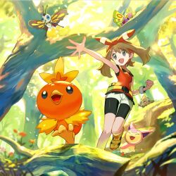  1girl beautifly bike_shorts bike_shorts_under_shorts brown_hair dustox fanny_pack forest grey_eyes hairband may_(pokemon) mega_ring nature open_mouth pokemon pokemon_(creature) pokemon_oras red_hairband red_shirt shirt short_hair shorts shorts_under_shorts shroomish skitty torchic unitevids 