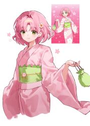  1girl aeri_(aerikatsu) aikatsu! aikatsu!_(series) bag closed_mouth cowboy_shot flower green_eyes green_sash hair_flower hair_ornament highres holding holding_bag japanese_clothes kimono kitaoji_sakura long_sleeves looking_at_viewer obi parted_bangs pink_hair pink_kimono reference_inset sash short_hair simple_background smile solo standing white_background wide_sleeves 