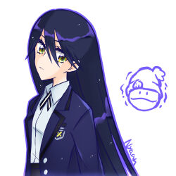  1girl aya@tsuyuri beanie black_hair character_name commentary expressionless gundam gundam_gquuuuuux hair_between_eyes haro hat jacket long_hair looking_at_viewer nyaan_(gundam_gquuuuuux) pom_pom_(clothes) pom_pom_beanie purple_jacket shirt simple_background solo white_background white_shirt yellow_eyes 