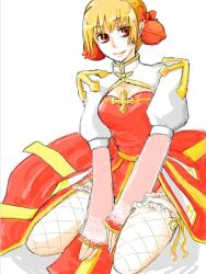  1girl arch_bishop_(ragnarok_online) blonde_hair bow breasts cleavage_cutout closed_mouth clothing_cutout commentary_request cross dress fishnet_thighhighs fishnets frilled_thighhighs frills full_body hair_bow juliet_sleeves long_sleeves looking_at_viewer make_adog medium_breasts puffy_sleeves ragnarok_online red_bow red_dress red_eyes sash seiza short_hair simple_background sitting smile solo thigh-highs two-tone_dress white_background white_dress white_thighhighs yellow_sash 