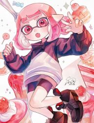  1girl :o bike_shorts black_shoes cake commentary english_commentary fang food inkling inkling_girl inkling_player_character kodak_painter looking_at_viewer medium_hair open_mouth pink_hair pointy_ears red_eyes red_pupils shoes signature sleeves_past_wrists solo sparkle splatoon_(series) splatoon_3 spoon tentacle_hair 