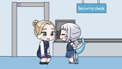  2girls :d :t airport black_shoes black_socks blue_dress blue_eyes blue_hair blue_necktie blue_skirt blue_vest blush_stickers brown_hair closed_eyes dress english_text fins fish_tail gawr_gura gawr_gura_(casual) grey_hair hair_bun hands_on_own_thighs highres hololive hololive_english indoors long_hair long_sleeves mochimiko multicolored_hair multiple_girls necktie open_mouth pout profile rolling_suitcase security_checkpoint shark_tail shirt shoes side_ponytail sign skirt sleeveless sleeveless_dress smile socks squatting standing streaked_hair suitcase tail vest virtual_youtuber wavy_mouth white_shirt 