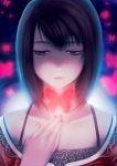  amakura_mio black_hair brown_eyes butterfly fatal_frame fatal_frame_2 glowing hand_on_own_chest highres lace-trimmed_shirt lips short_hair sigematu-yomogi spoilers 
