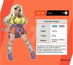  1girl artist_name blonde_hair bow breasts buttons character_name character_profile clothes_around_waist dark-skinned_female dark_skin deviantart_logo deviantart_username english_commentary english_text eyelashes eyeshadow fashion finger_to_mouth fingernails full_body ganguro gyaru gyaru_makeup height humanization jynx kogal large_breasts long_fingernails long_hair looking_at_viewer loose_socks makeup manba_gyaru no_nose orange_background outline patreon_username personification pink_lips pink_socks pleated_skirt poke_ball_print pokedex pokedex_number pokemon pokemon_rgby purple_eyeshadow purple_shoes purple_sweater red_bow red_eyes red_skirt reference_sheet shirt shoes simple_background skirt sleeves_rolled_up socks solo sweater sweater_around_waist tan taruyamame twitter_username venus_symbol watermark weight white_outline yellow_shirt 
