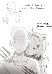  1boy 1girl absurdres animal_ear_fluff animal_ears bald claws commentary dog_ears dog_girl empty_eyes english_commentary english_text fake_horns fur-trimmed_jacket fur_trim greyscale hair_ornament hairband hand_on_another's_shoulder highres hololive hololive_english horn_hairband horns jacket jitome mococo_abyssgard mococo_abyssgard_(1st_costume) monochrome parted_lips shirt short_hair short_sleeves speech_bubble t-shirt tanukidraws virtual_youtuber x_hair_ornament 