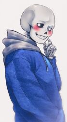  1boy 2020 2d blue_jacket blush digital_media drawstring from_side grey_hood hand_in_pocket hand_up hollow_eyes hood hood_down hooded_jacket humanoid jacket looking_at_viewer male male_focus male_only mmhinman monster monster_boy open_clothes open_jacket sans_(undertale) shirt shy simple_background skeleton solo teeth undead undertale upper_body utdr_(toby_fox) white_background white_shirt 