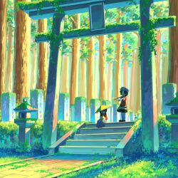  2girls absurdres ajirogasa black_hair black_skirt brown_hat capelet commentary_request dress english_commentary grey_dress hat hat_ornament highres jiangshi long_hair mixed-language_commentary miyako_yoshika moss multiple_girls ofuda outdoors outstretched_arms purple_hat red_capelet red_shirt shirt short_sleeves sitting skirt stairs star_(symbol) star_hat_ornament stone_lantern suteruko tombstone torii touhou tree yatadera_narumi zombie_pose 