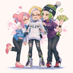  1boy 2girls absurdres banknote beanie blonde_hair colored_tongue ed_(jinko) girl_sandwich green_eyes green_hair green_tongue hat hetero high_heels highres inkling inkling_boy inkling_girl inkling_player_character jacket jinkoika money multiple_girls navel octoling octoling_girl octoling_player_character open_mouth orange_eyes pink_hair pink_shoes platform_heels platform_shoes pointy_ears pom_pom_(clothes) pom_pom_beanie purple_shirt sandwiched shirt shoes short_hair splatoon_(series) splatoon_3 tentacle_hair tentacles tongue tongue_out white_jacket white_shoes yellow_eyes 