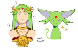  1girl ? alternate_color animal_ears arrow_(symbol) cat_ears chain circlet color_connection espeon forehead_jewel gold_chain green_eyes highres kid_icarus kid_icarus_uprising palutena pokemon pokemon_(creature) shiny_pokemon sparkle surachibee 