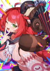  1girl ahoge black_hat black_skirt blush braid chawarabi green_eyes hat heart highres holding holding_umbrella kamanosuke_(zenless_zone_zero) long_hair low_twin_braids one_eye_closed open_mouth pink_shirt pleated_skirt raccoon red_hair shirt skirt twin_braids ukinami_yuzuha umbrella very_long_hair zenless_zone_zero 