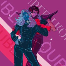 1:1 2024 2boys 2d androgynous android artist_name behind_another black_hair blue_pants blue_skin colored_skin cowboy_shot deltarune digital_media duo gloves hair_over_one_eye highres humanoid humanoid_robot long_hair male_focus male_only mettaton mettaton_ex multicolored_background multiple_boys pants pauldrons purple_background red_background red_gloves robot robot_boy rouxls_kaard russian_text short_hair simple_background stollze text text_background undertale uniform utdr_(toby_fox) white_hair yaoi