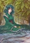  1girl alternate_eye_color blue_hair curly_hair dress head_fins hideki japanese_clothes leaf mermaid monster_girl partially_submerged plant red_eyes solo touhou wakasagihime 