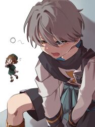  1boy 1girl aisu_(ahono_ice) beret black_shorts blue_eyes brown_hair brown_shoes chibi chibi_inset coat colored_sclera dress eagle_(reverse:1999) feet_out_of_frame from_above green_dress green_hat green_sash grey_hair grey_sclera hand_up hat heterochromia highres mismatched_sclera open_mouth reverse:1999 sash shoes short_hair short_sleeves shorts shoulder_sash sitting socks squeans tearing_up walking white_coat white_socks x_(reverse:1999) yawning yellow_eyes 