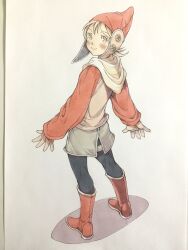  1girl black_pants blonde_hair boots brown_hoodie closed_eyes commentary from_behind full_body hat highres hood hood_down hoodie looking_at_viewer looking_back original pants peter_salt phrygian_cap red_boots red_hat red_sleeves short_hair smile solo standing thigh_strap traditional_media white_background 