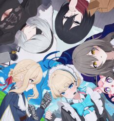  2b_(nier:automata) 5girls absurdres apron black_hair blindfold blonde_hair blue_archive blue_eyes blue_halo bow braid breasts earpiece grey_hair hair_between_eyes hair_ribbon hairband halo highres ishikawa_yui jacket long_hair long_sleeves maid_apron maid_headdress maji_(majidesu3) mikasa_ackerman mole mole_under_mouth multiple_girls nier:automata nier_(series) paradis_military_uniform red_ribbon ribbon scarf short_hair solo stelle_(honkai:_star_rail) toki_(blue_archive) trailblazer_(honkai:_star_rail) violet_evergarden violet_evergarden_(series) voice_actor_connection white_hair yellow_eyes 