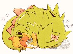  animal_ear_fluff blue_bow blush bow claws closed_eyes closed_mouth curled_up ear_bow fennekin fox full_body no_humans pink_bow pokemon pokemon_(creature) pokemon_focus sana_(sanaa653) smile spikes tail tyranitar yellow_fur 