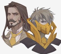  2boys beard brown_eyes brown_hair character_request coat collared_shirt covered_mouth curtained_hair facial_hair ghostblade_(to_be_hero_x) grey_coat grey_eyes grey_hair long_hair looking_at_another male_focus mask mouth_mask multiple_boys mustache necktie portrait shirma_draws shirt short_hair to_be_hero to_be_hero_x white_shirt yellow_necktie 