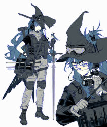  alternate_costume arknights astgenne_(arknights) bag belt bird bird_tail black_boots black_gloves black_shirt blue_eyes blue_hair boots closed_mouth expressionless flashlight full_body gloves goggles goggles_on_headwear grey_pants hat headset highres holding holding_bag holding_flashlight holding_sword holding_weapon load_bearing_vest long_hair long_sleeves multiple_views pants scarf shirt shoulder_bag simple_background standing swallow_(bird) sword tail upper_body weapon white_background witch_hat yuji_(fantasia) 