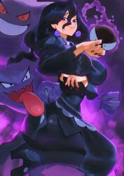  1girl absurdres alternate_breast_size_(larger) black_corset black_dress black_hair breasts claws closed_mouth colored_sclera commentary corset dress earrings english_commentary gastly gengar ghost hair_between_eyes haunter hex_maniac_(pokemon) hex_maniac_(pokemon_legends:_z-a) highres hirosenpai jewelry juliet_sleeves large_breasts long_hair long_sleeves looking_at_viewer neck_ribbon open_mouth pokemon pokemon_(creature) pokemon_legends:_z-a puffy_sleeves purple_ribbon red_sclera ribbon smile teeth tongue tongue_out violet_eyes 
