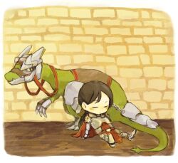  1girl 91s armor armored_boots barding black_hair boots border breastplate brick_wall cape chibi chibi_only closed_eyes commentary_request ferus_(ragnarok_online) full_body long_hair low_ponytail ponytail ragnarok_online red_cape rune_knight_(ragnarok_online) saddle sitting sleeping solo white_border 