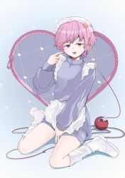  1girl :d alternate_costume apron between_legs blue_jacket blue_shorts boots commentary_request full_body hand_between_legs hand_up heart heart_background highres index_finger_raised jacket jersey jersey_maid komeiji_satori legs long_sleeves looking_at_viewer maid maid_apron maid_headdress open_mouth paryan2010 pink_eyes pink_hair short_hair shorts sitting smile socks solo thighs third_eye touhou unconventional_maid wariza white_boots white_socks 