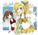  2girls :o bikini bikini_skirt blonde_hair blue_eyes blush bracelet brown_hair cien516 frilled_bikini frills ib ib_(ib) innertube jewelry mary_(ib) multiple_girls navel polka_dot polka_dot_bikini polka_dot_swimsuit ponytail red_bikini red_eyes swimsuit waving wink yellow_bikini 