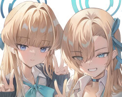  2girls absurdres aqua_bow aqua_bowtie asuna_(blue_archive) asuna_(school_uniform)_(blue_archive) asymmetrical_bangs blouse blue_archive blue_bow blue_bowtie blue_eyes blue_halo blue_nails blue_ribbon bow bowtie braid button_gap collared_shirt commentary double_v greenapple hair_over_one_eye half_up_braid halo highres long_hair long_sleeves loose_bowtie multiple_girls ribbon school_uniform shirt simple_background smile toki_(blue_archive) toki_(school_uniform)_(blue_archive) v white_background white_shirt 