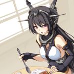  1girl bare_shoulders black_hair blush breasts curry eating elbow_gloves fingerless_gloves food food_on_face gloves hair_ornament kantai_collection large_breasts long_hair nagato_(kantai_collection) open_mouth personification plate red_eyes rice solo spoon tenmaso 