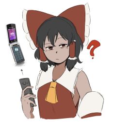  1girl ? arrow_(symbol) ascot black_hair bow cellphone commentary cyanidegray detached_sleeves english_commentary flip_phone frilled_bow frilled_hair_tubes frills hair_bow hair_tubes hakurei_reimu highres looking_at_viewer nontraditional_miko phone photo_inset red_bow red_shirt shirt simple_background sleeveless sleeveless_shirt solo touhou white_background yellow_ascot 