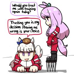  2girls all_fours animal_ears aqua_bow black_boots blue_bow blunt_bangs boots bow breasts brown_hat cleats ear_bow ear_ribbon english_text gold_ship_(umamusume) grey_hair hat highres horse_ears horse_girl horse_tail jacket long_hair long_sleeves looking_at_another mejiro_mcqueen_(umamusume) multiple_girls notnoe_(dxcl) open_mouth pants pillbox_hat purple_hair red_jacket red_pants red_track_suit smile speech_bubble spikes tail tracen_training_uniform track_jacket track_pants track_suit umamusume violet_eyes 