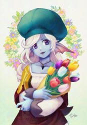  1girl aqua_hat blue_flower blue_skin bouquet coco_dqx1 colored_skin commentary_request dragon_quest dragon_quest_x dress fins fish_girl flower flower_wreath gradient_background green_background hat head_fins holding holding_bouquet jewelry long_hair looking_to_the_side monster_girl necklace open_mouth orange_flower orange_tulip pink_flower pink_tulip purple_flower purple_tulip red_dress red_flower red_tulip shirt shirt_under_dress solo tulip violet_eyes weddie_(dq10) white_background white_flower white_shirt white_tulip yellow_flower yellow_tulip 