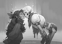  1boy 1girl 2025 2d armor arms_at_sides artist_name artist_self-insert bent_over boots bow cape closed_eyes commentary digital_media duo english_commentary female gloves greyscale hair_bow hands_on_own_knees height_difference hetero human humanoid inktober long_hair male mewpet mittens monochrome monster monster_boy nose-to-nose nuzzle oc_x_canon original original_character papyrus_(undertale) red_cape shorts skeleton sweater teeth undead undertale utdr_(toby_fox) 