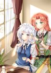  2girls artist_request bell blue_eyes bow braid cup curtains dragon flower green_eyes highres hong_meiling izayoi_sakuya jingle_bell maid maid_headdress multiple_girls redhead tea_kettle teacup touhou twin_braids white_hair window yuri 